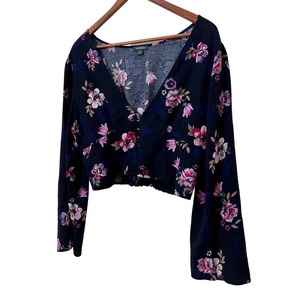Wild Fable Womens Black Floral Print Cropped Long Flared Sleeve V Neck Top‎ XXL